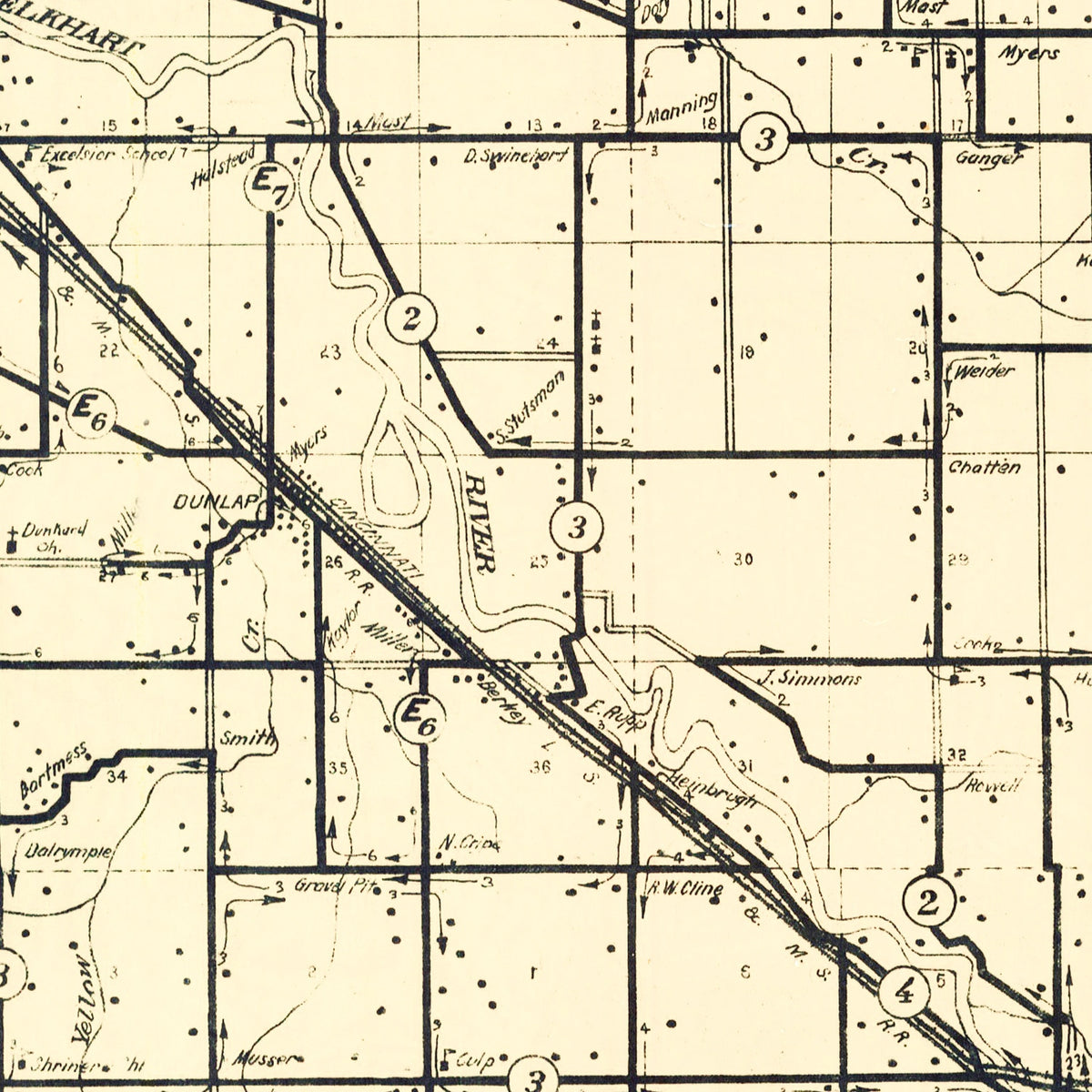 Restored historic details from the 1909 county map of Elkhart County, Indiana