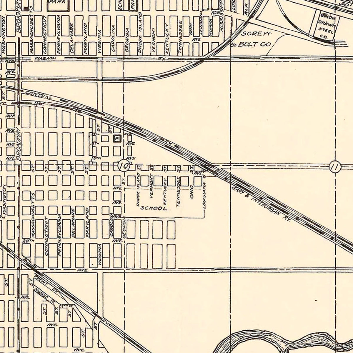 Restored historic details from the 1928 city map of Gary, Indiana