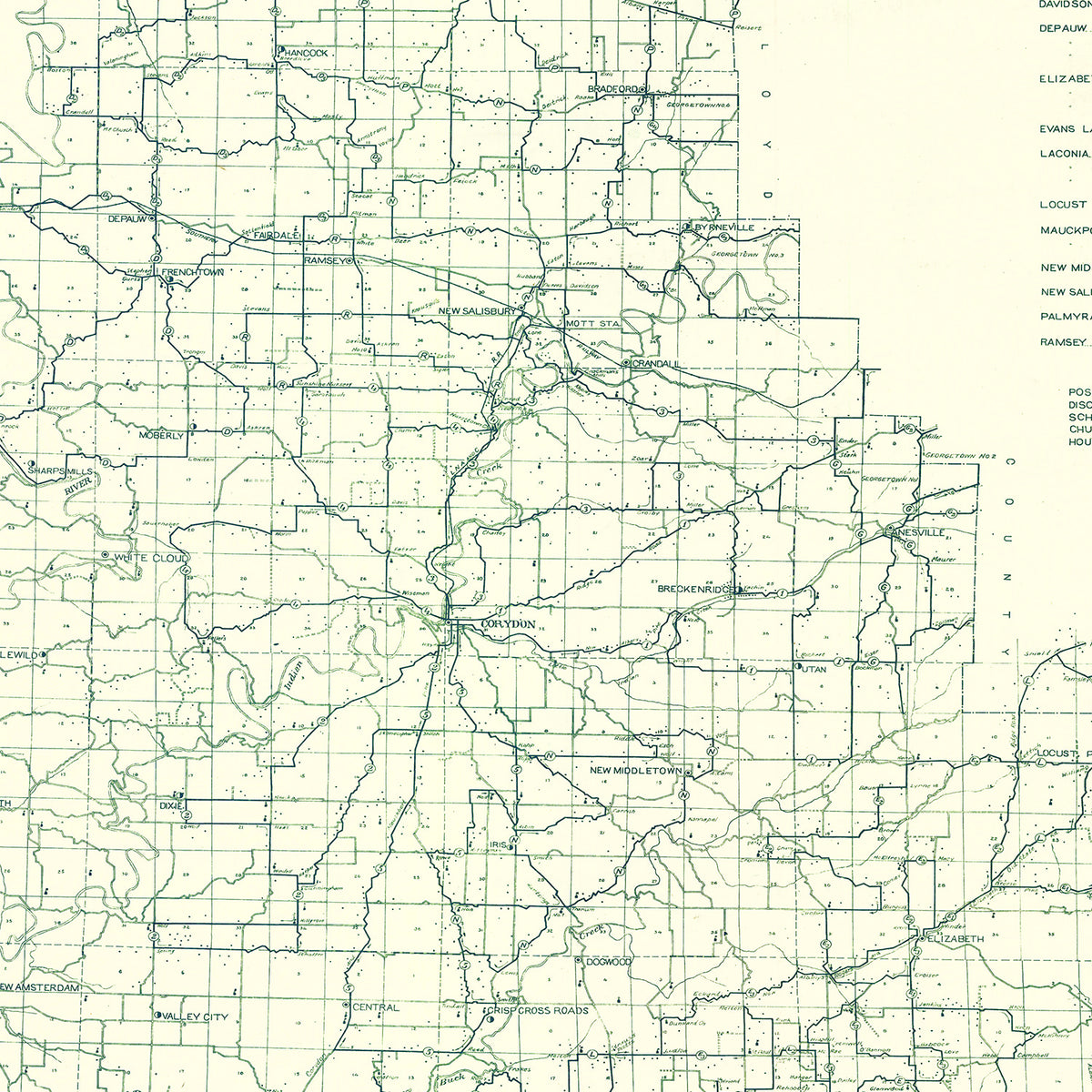 Restored historic details from the 1909 county map of Harrison County, Indiana