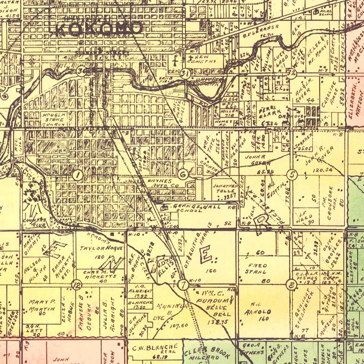 Restored historic details from the 1917 county map of Howard County, Indiana