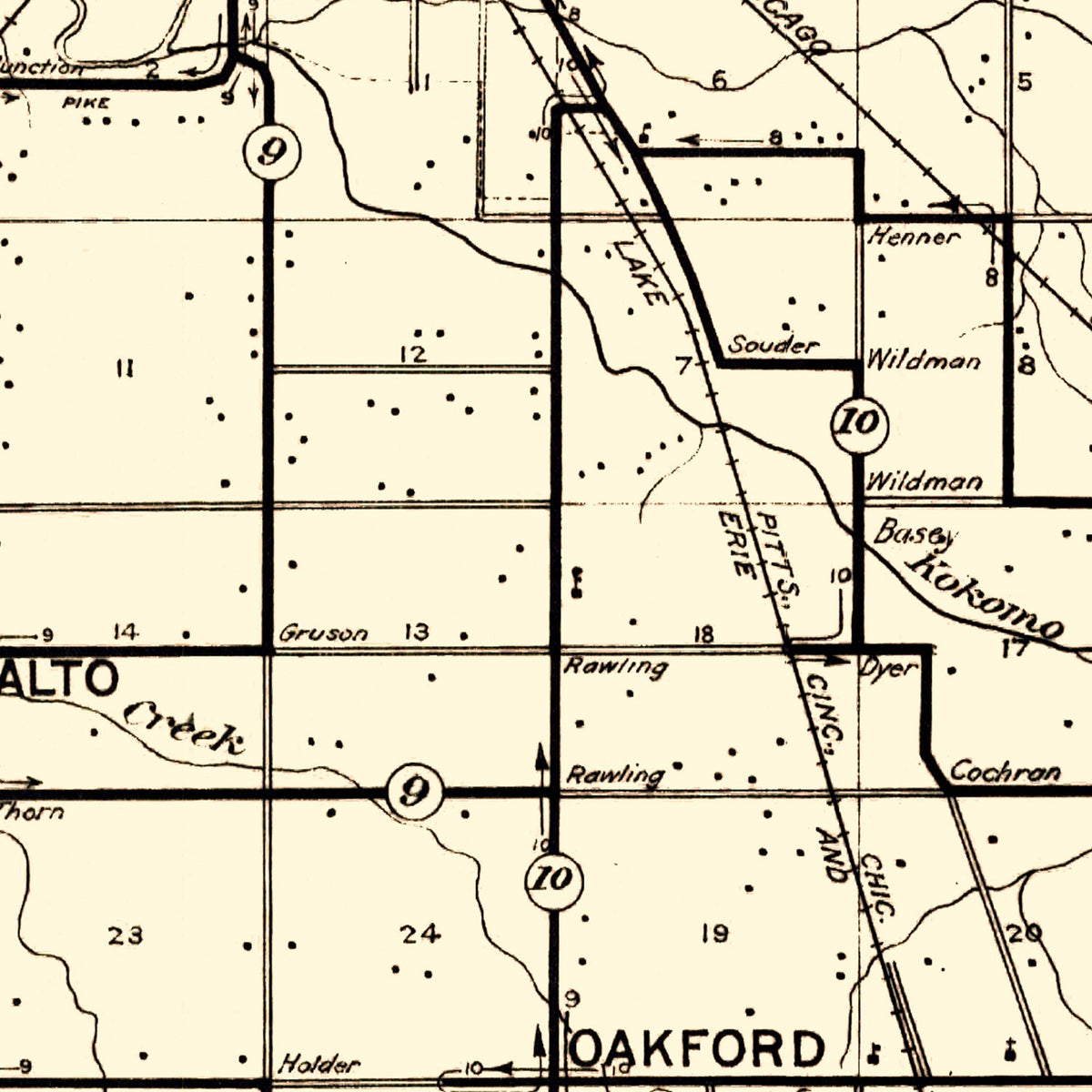 Restored historic details from the 1909 county map of Howard County, Indiana