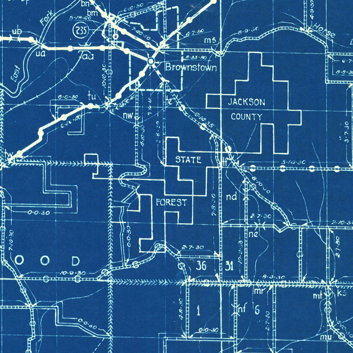 Restored historic details from the 1936 county map of Jackson County, Indiana