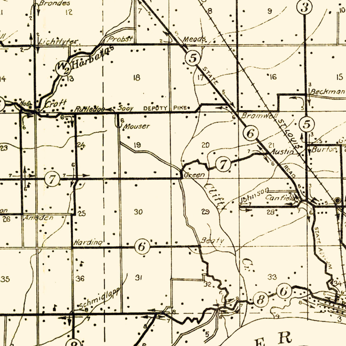 Restored historic details from the 1911 county map of Jefferson County, Indiana