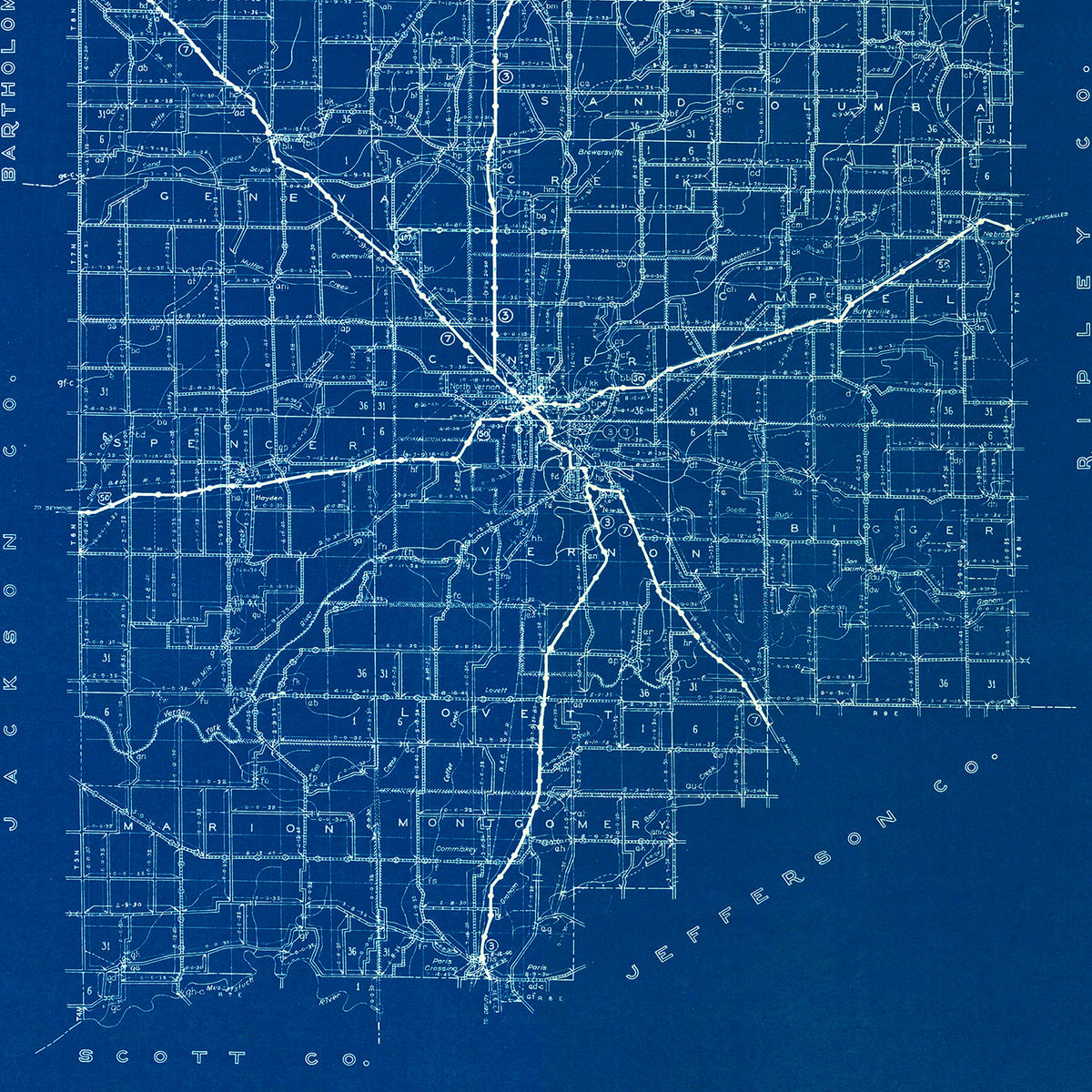 Restored historic details from the 1936 county map of Jennings County, Indiana