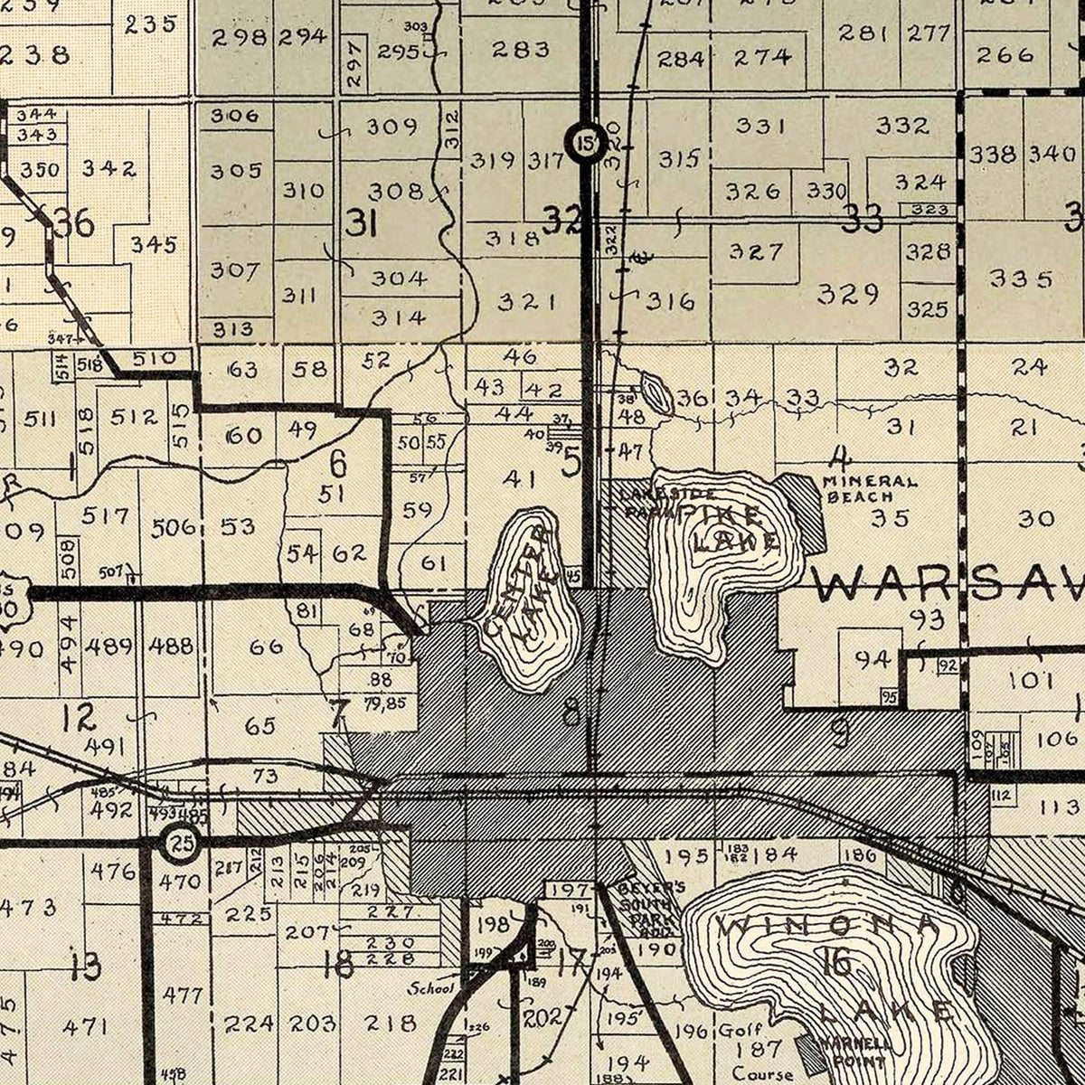 Restored historic details from the 1933 county map of Kosciusko County, Indiana