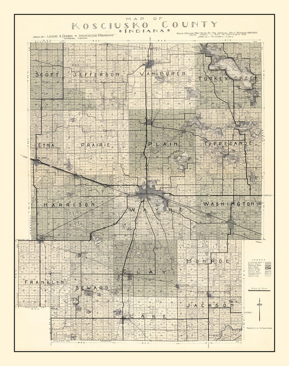 Vintage Map of Kosciusko County, Indiana 1933 print style example