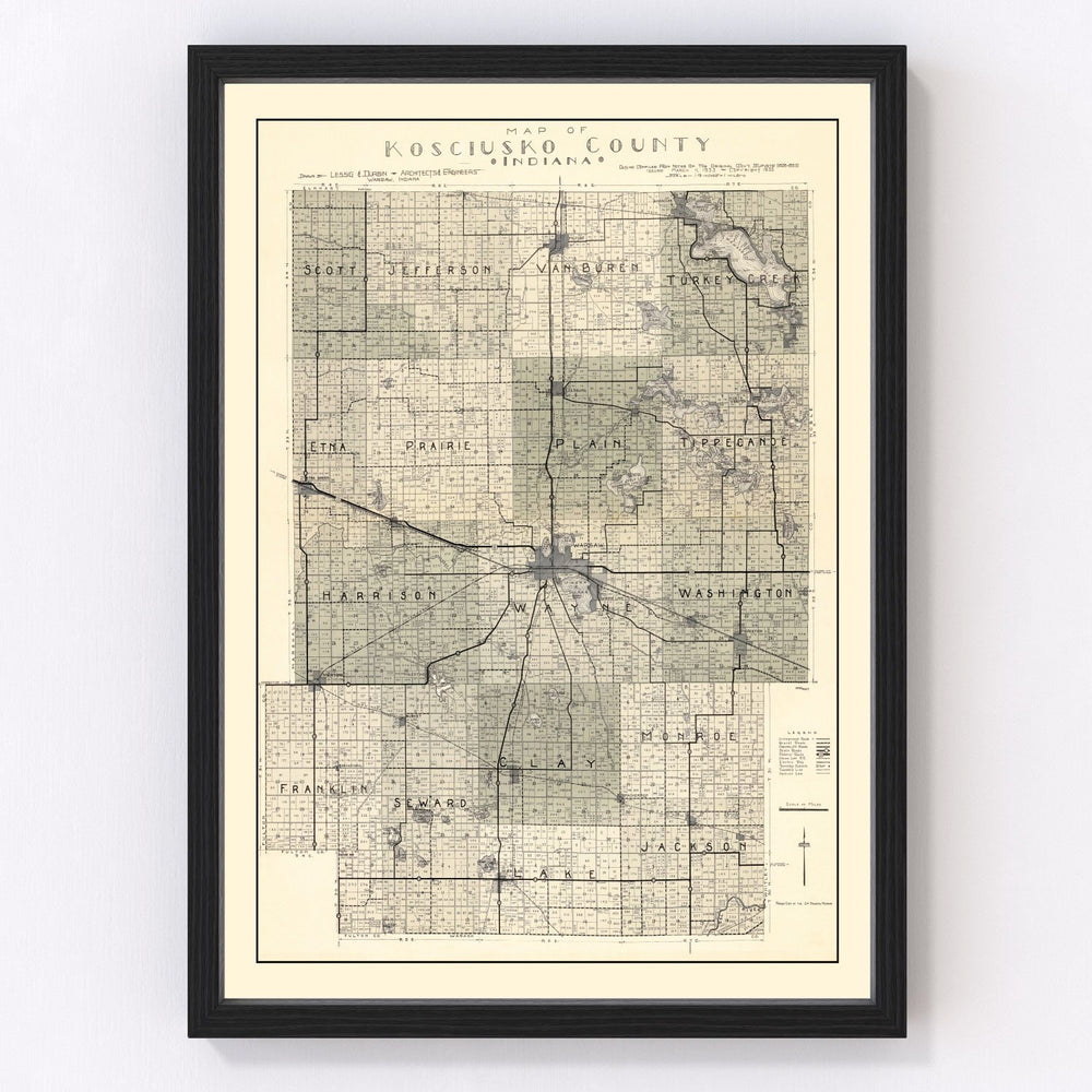 Kosciusko County Vintage Map 1933
