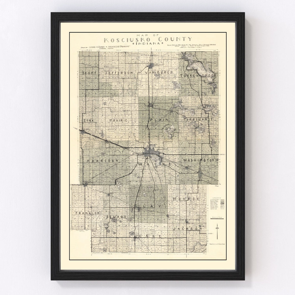 Kosciusko County Vintage Map 1933