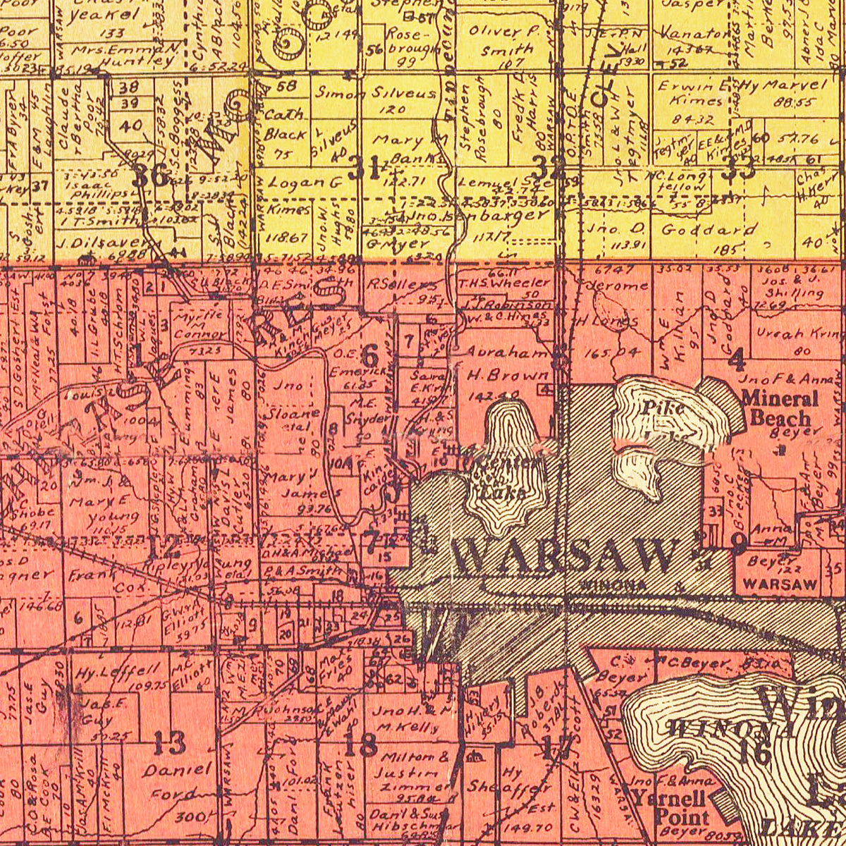 Restored historic details from the 1916 county map of Kosciusko County, Indiana