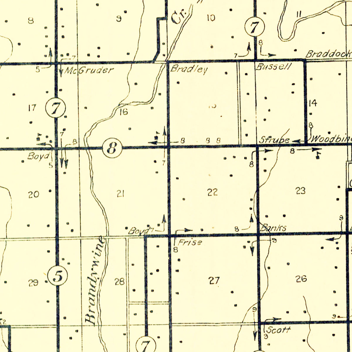 Restored historic details from the 1911 county map of Hancock County, Indiana