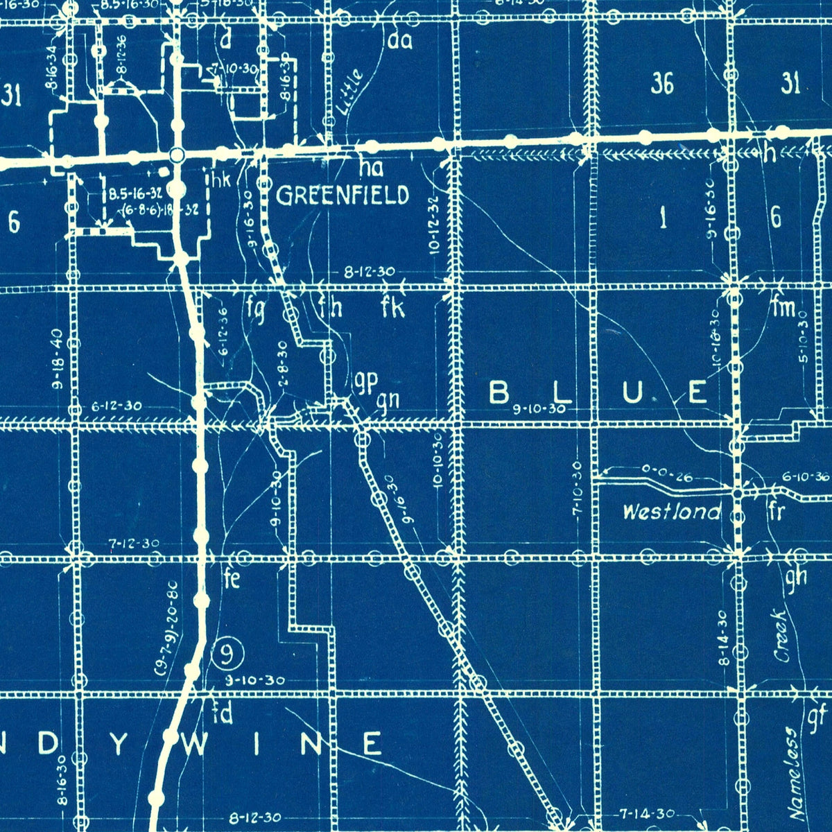 Restored historic details from the 1936 county map of Hancock County, Indiana