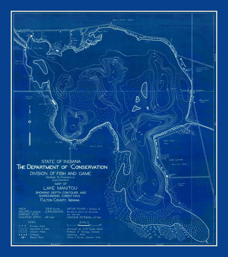 Size comparison using Vintage Lake Manitou, IN Map 1924