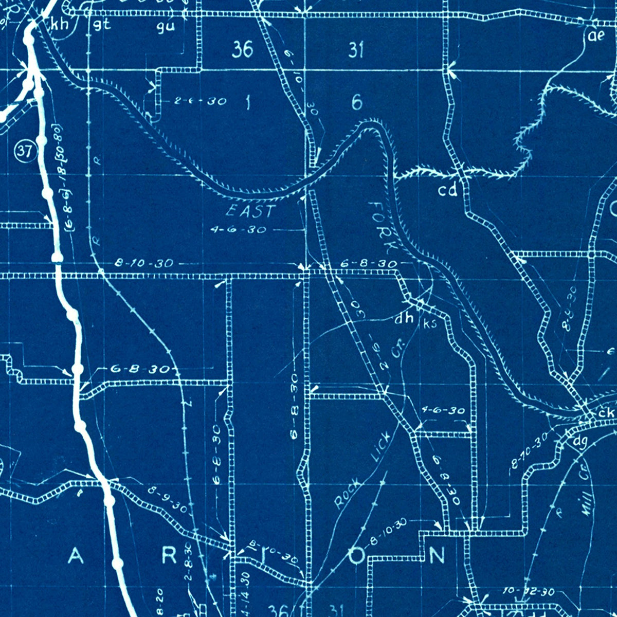 Restored historic details from the 1936 county map of Lawrence County, Indiana