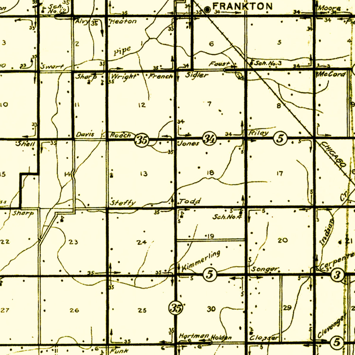 Restored historic details from the 1910 county map of Madison County, Indiana