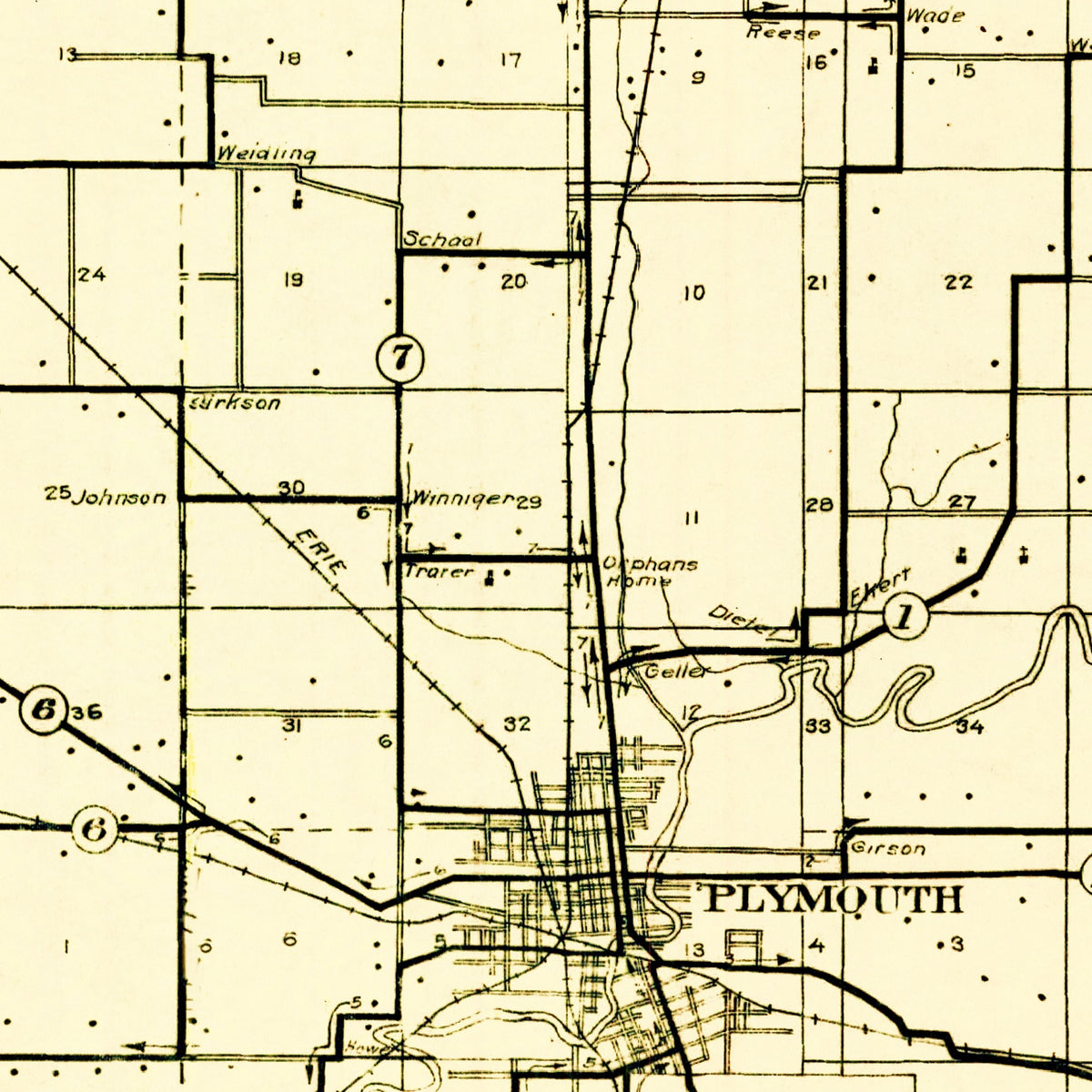 Restored historic details from the 1910 county map of Marshall County, Indiana