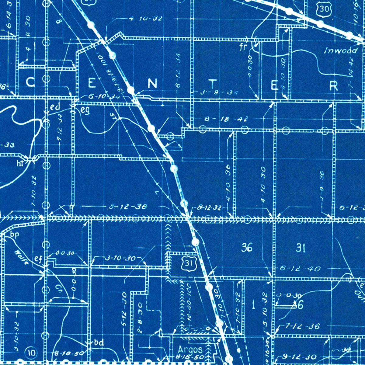 Restored historic details from the 1936 county map of Marshall County, Indiana