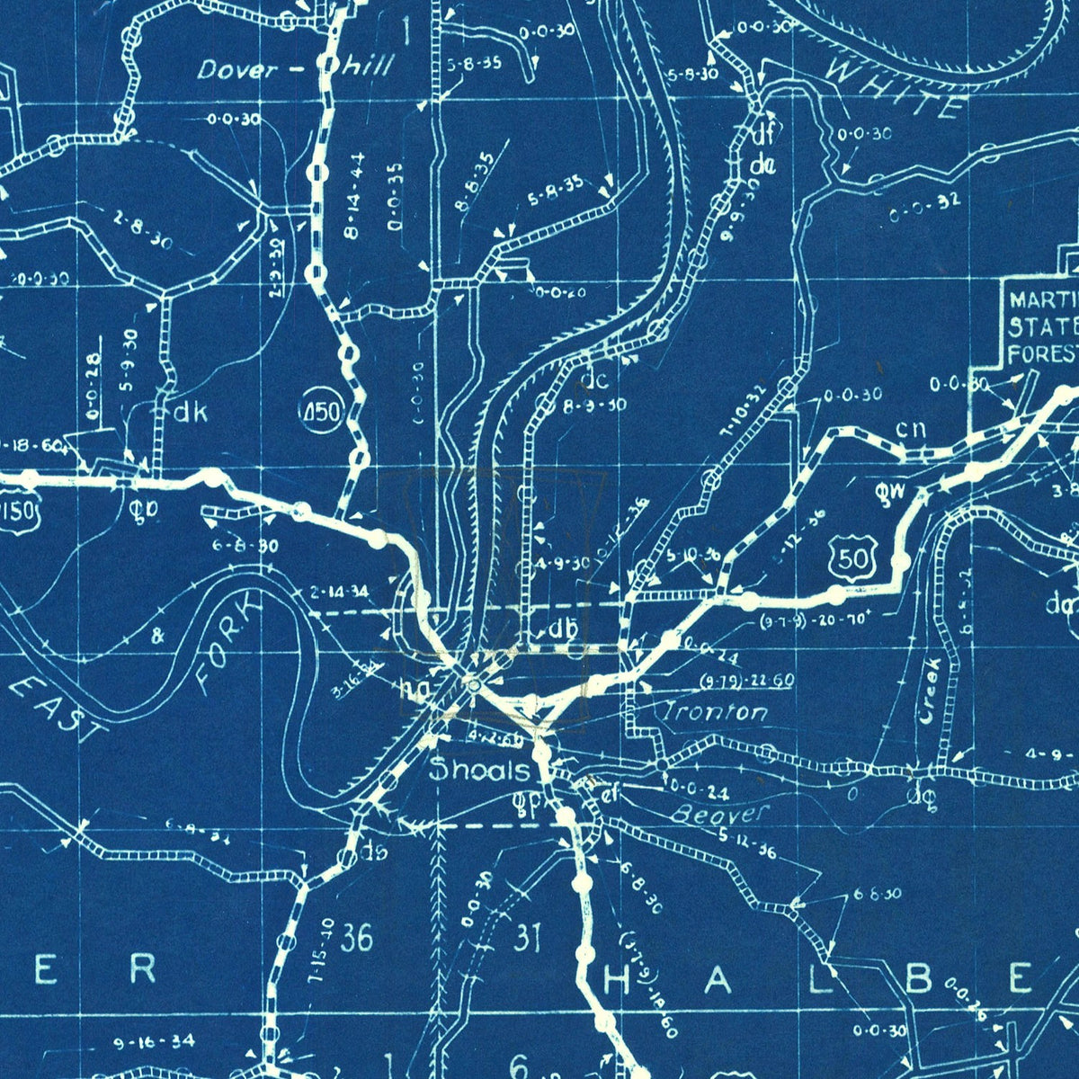 Restored historic details from the 1936 county map of Martin County, Indiana