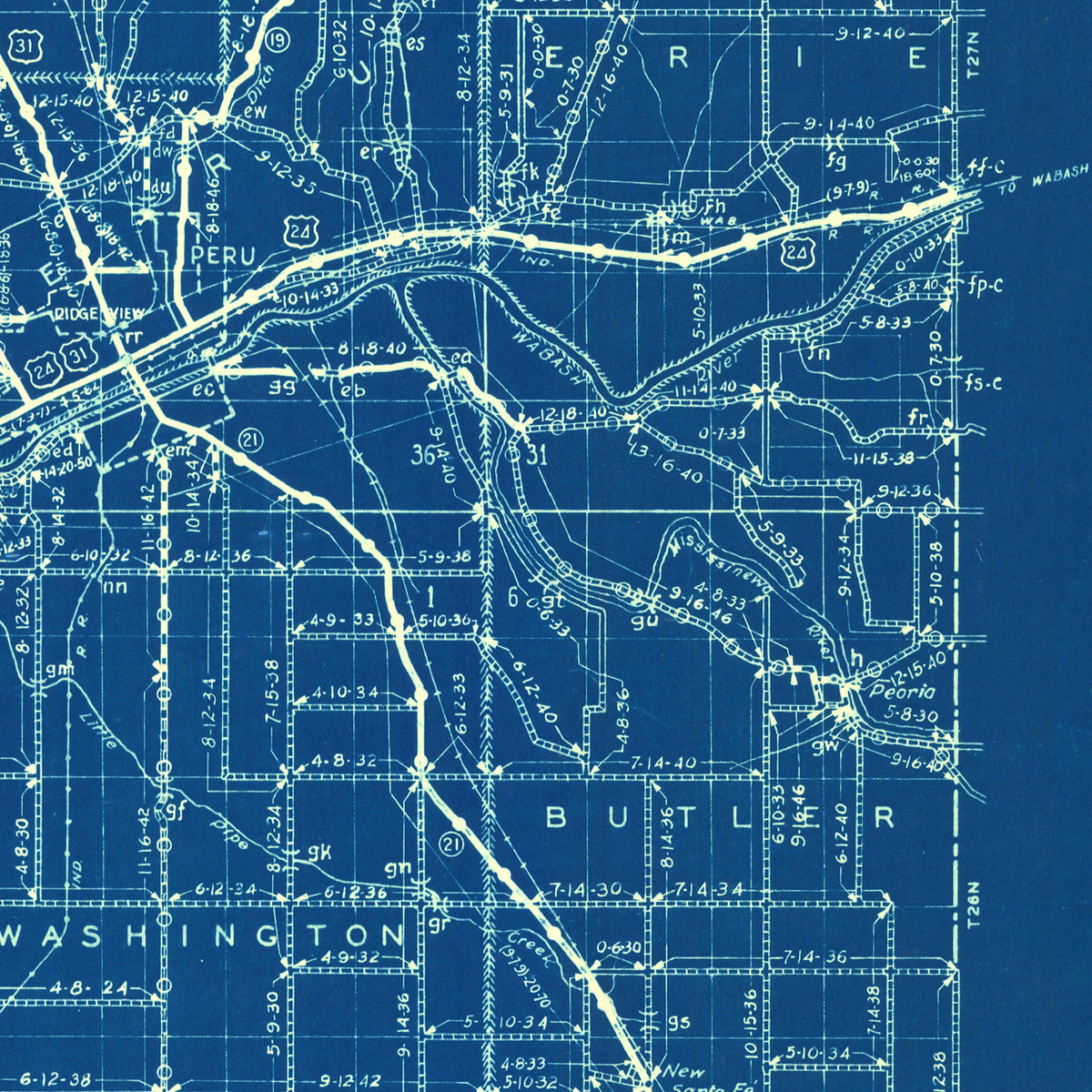 Restored historic details from the 1936 county map of Miami County, Indiana