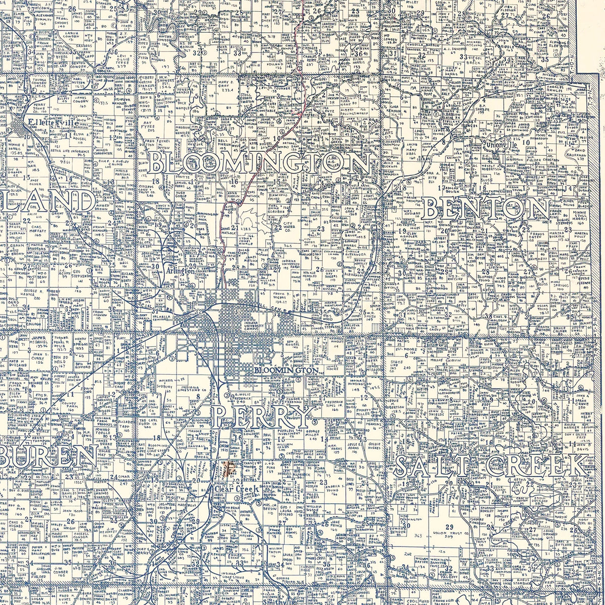 Restored historic details from the 1932 county map of Monroe County, Indiana