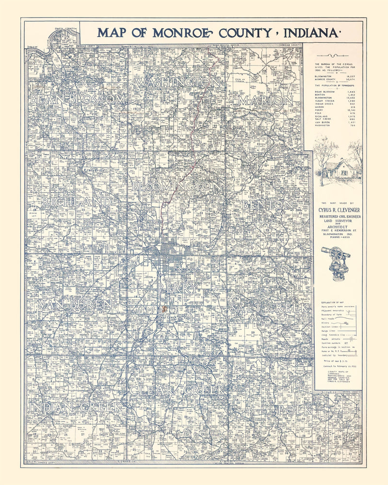 Size comparison using Vintage Map of Monroe County, Indiana 1932