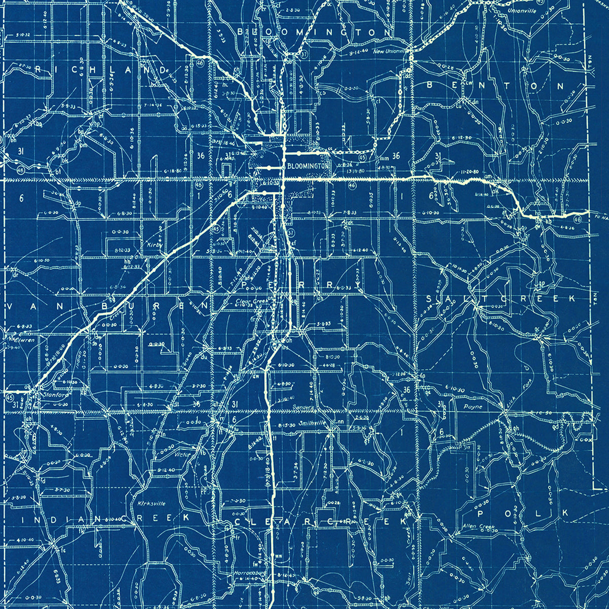 Restored historic details from the 1936 county map of Monroe County, Indiana