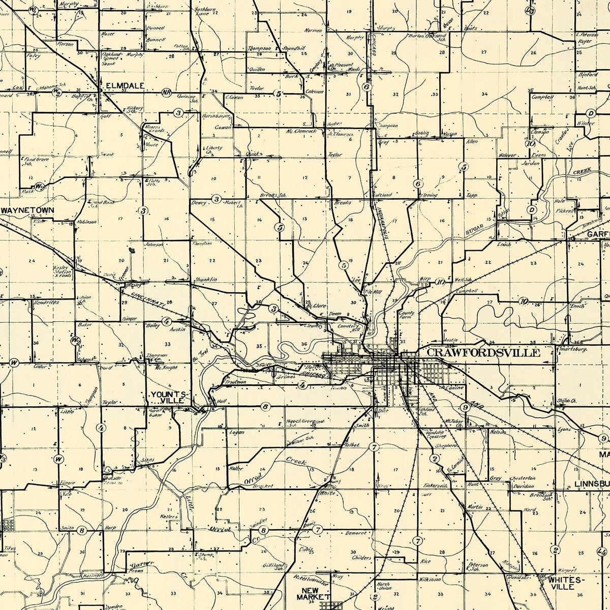 Restored historic details from the 1912 county map of Montgomery County, Indiana