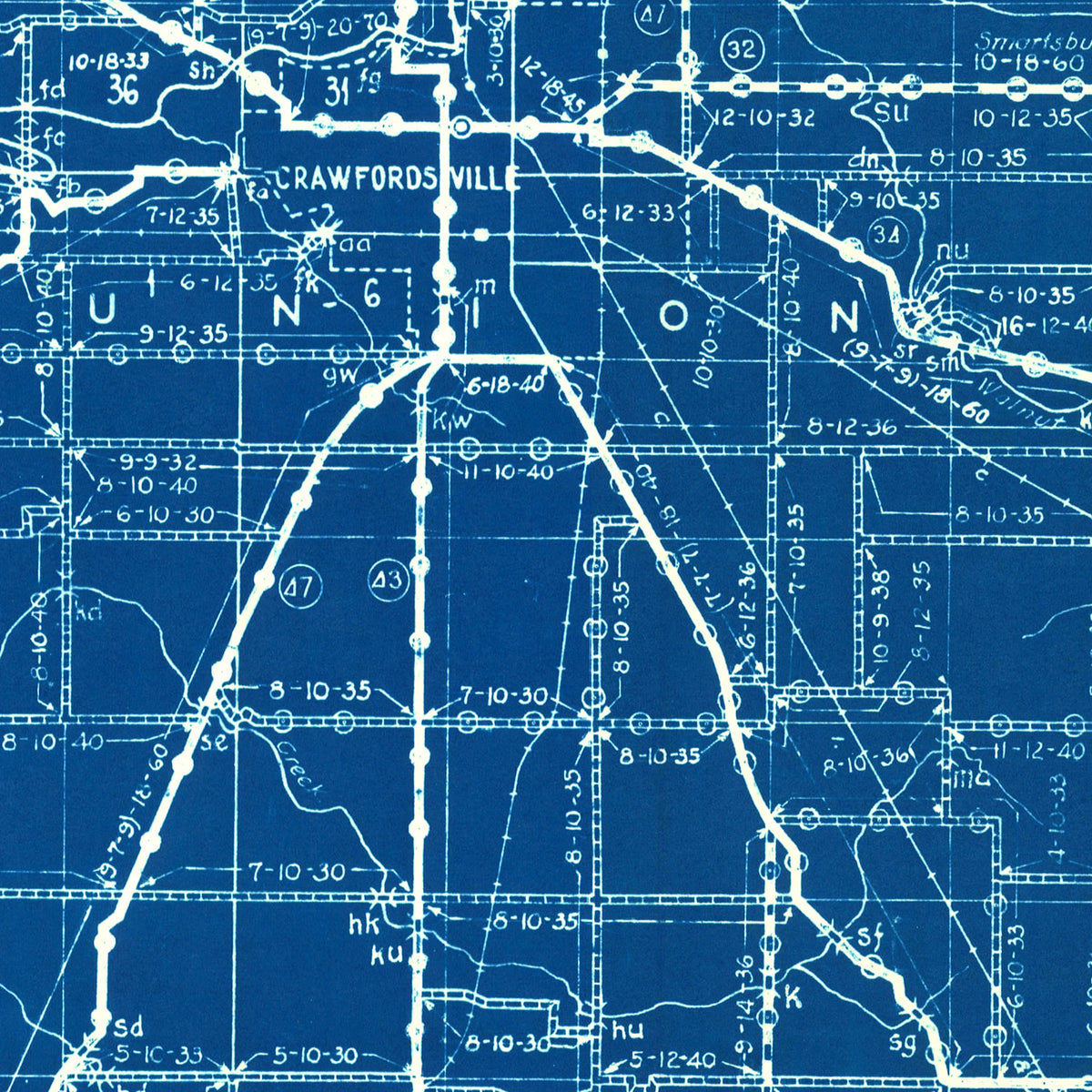 Restored historic details from the 1936 county map of Montgomery County, Indiana
