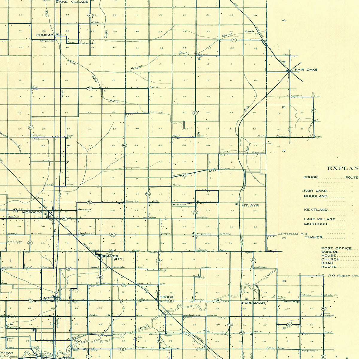 Restored historic details from the 1909 county map of Newton County, Indiana
