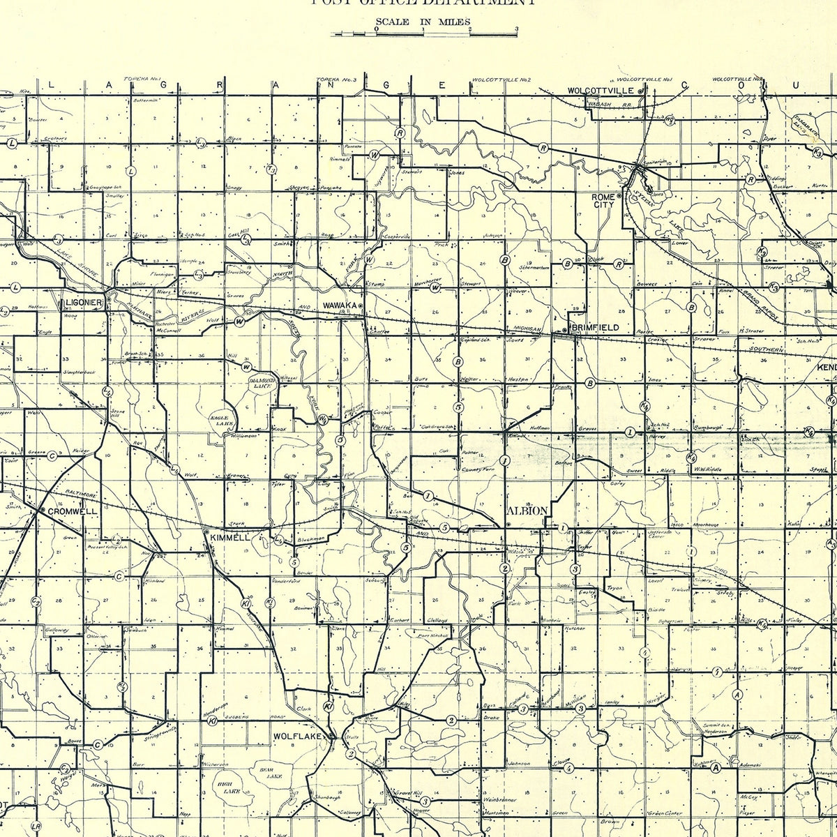 Restored historic details from the 1909 county map of Noble County, Indiana