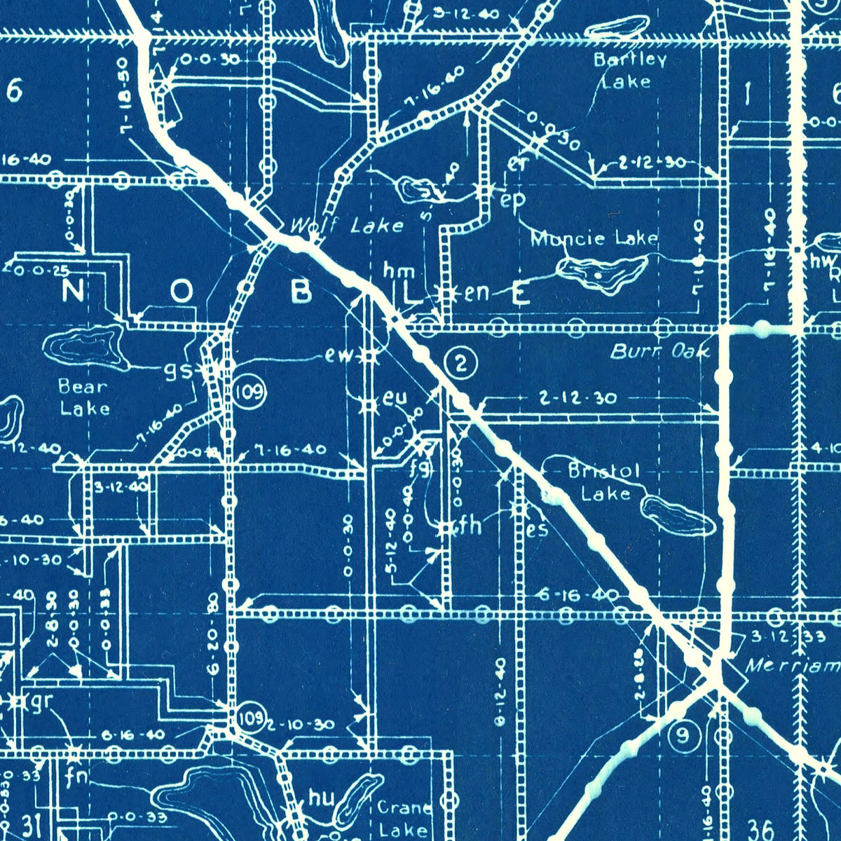Restored historic details from the 1936 county map of Noble County, Indiana