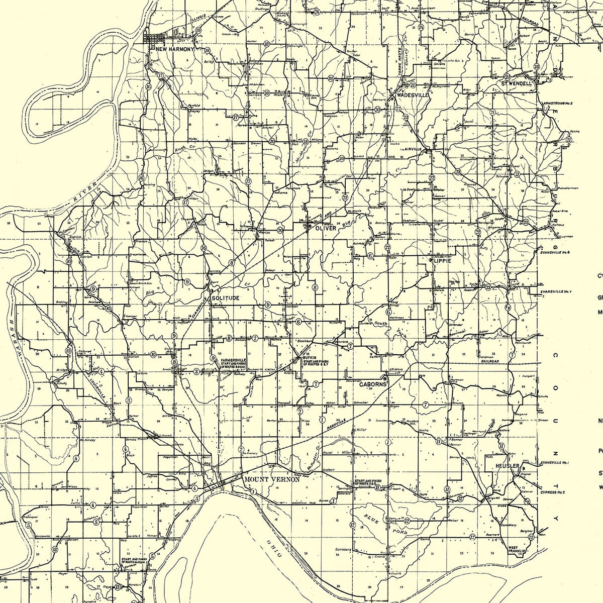 Restored historic details from the 1909 county map of Posey County, Indiana