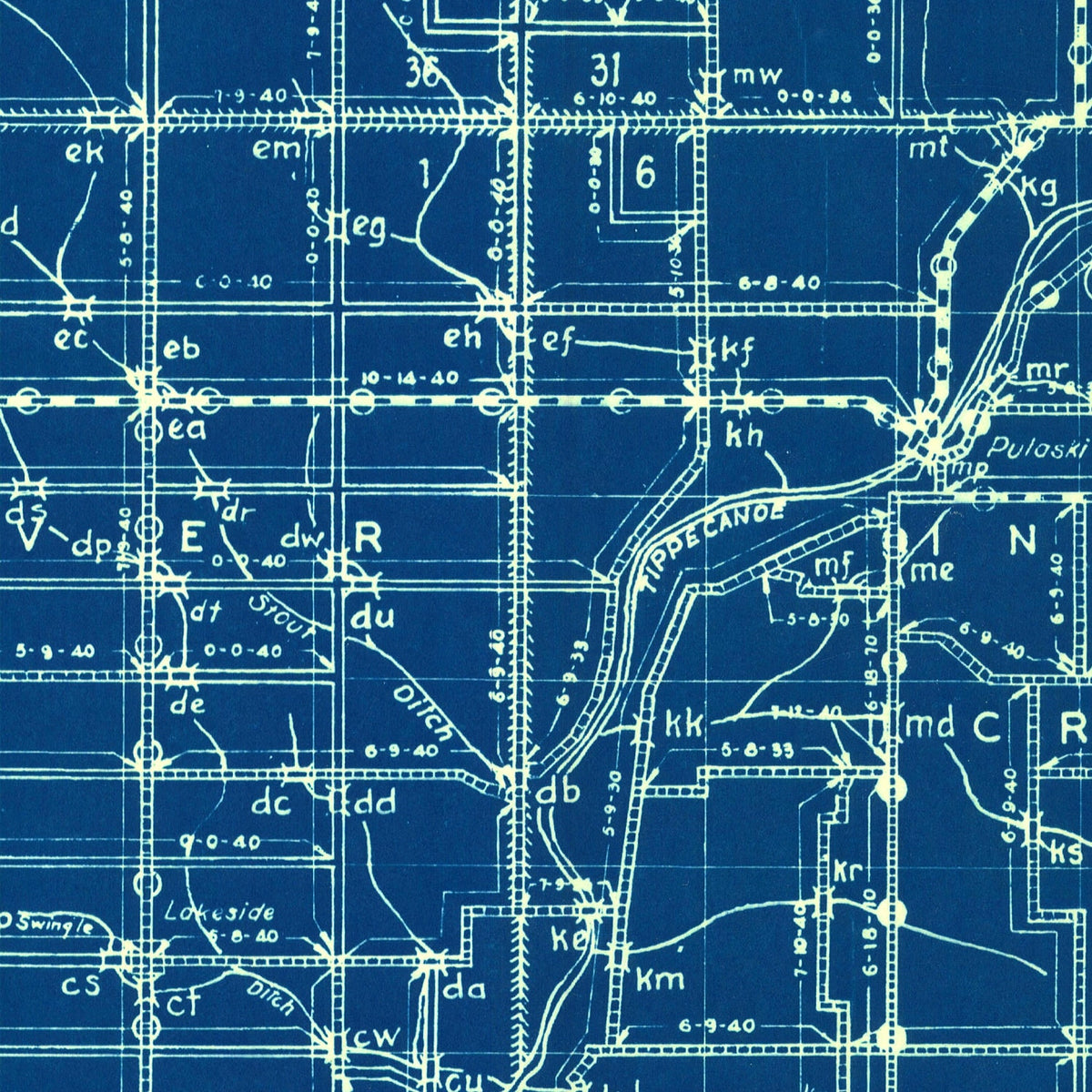 Restored historic details from the 1936 county map of Pulaski County, Indiana