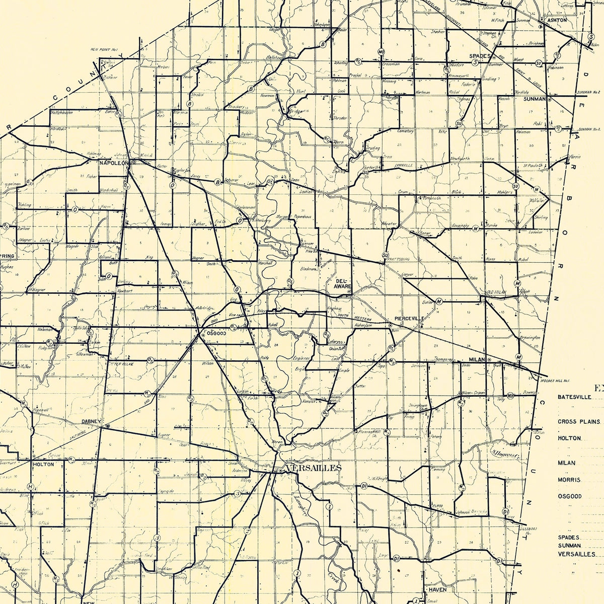 Restored historic details from the 1909 county map of Ripley County, Indiana