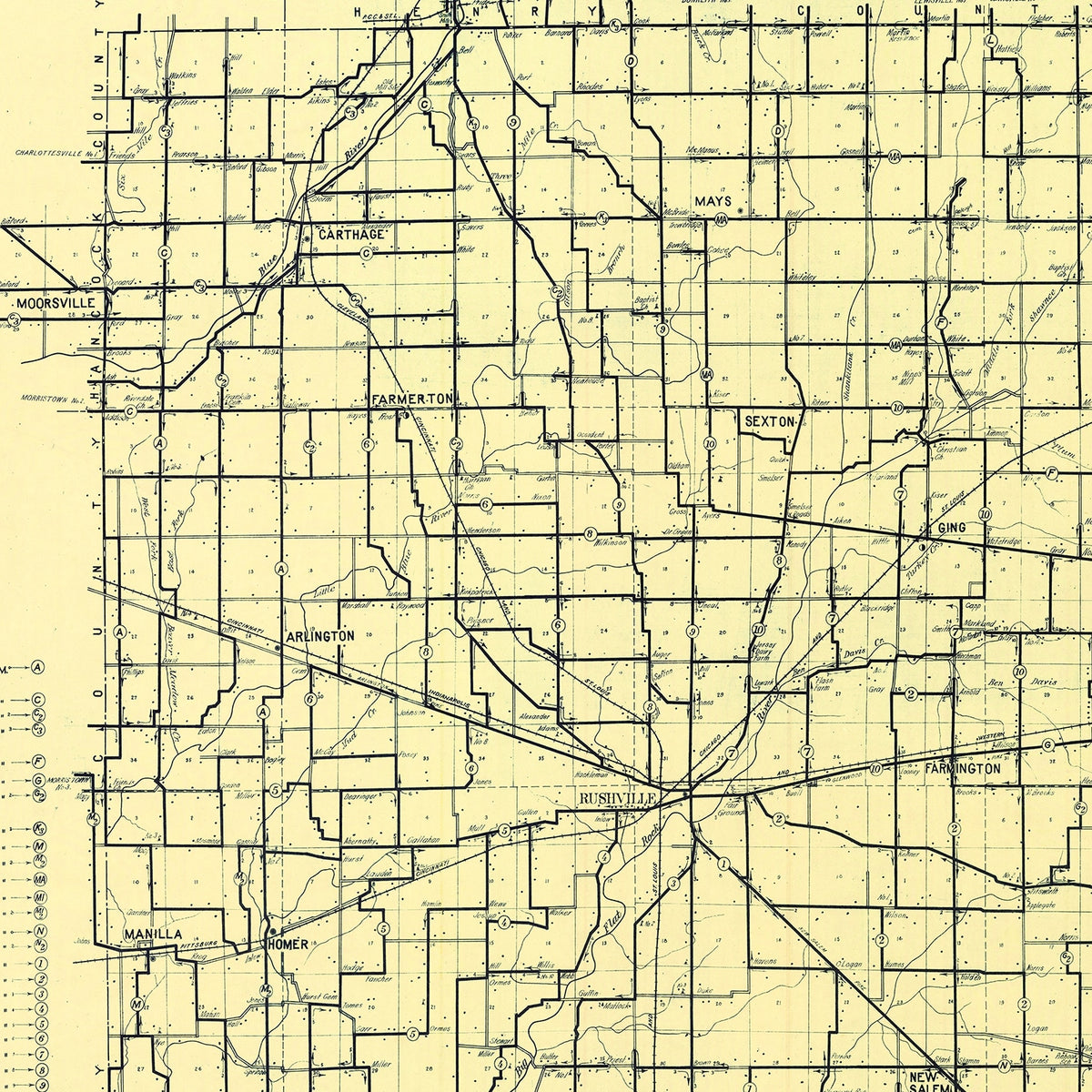 Restored historic details from the 1909 county map of Rush County, Indiana
