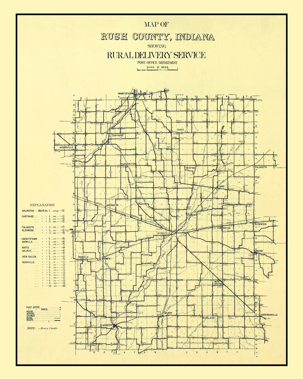 Vintage Map of Rush County, Indiana 1909 print style example