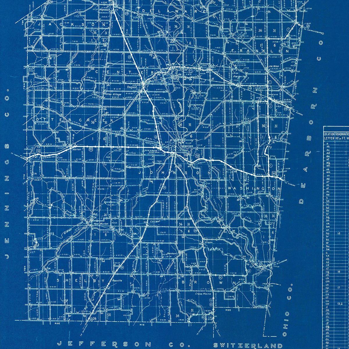 Restored historic details from the 1936 county map of Ripley County, Indiana