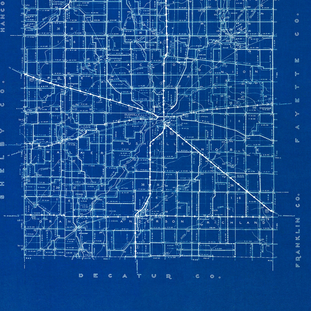Restored historic details from the 1936 county map of Rush County, Indiana