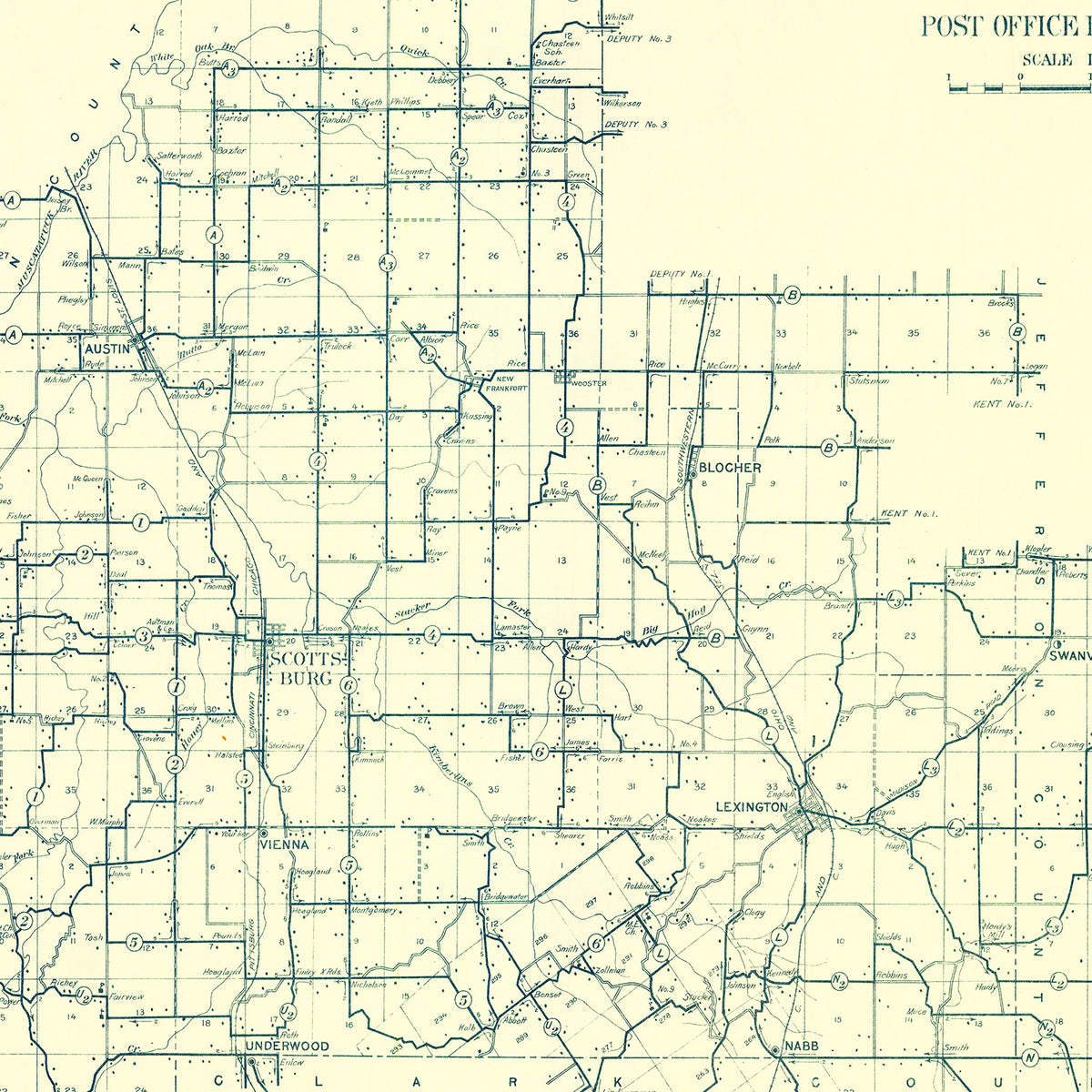 Restored historic details from the 1910 county map of Scott County, Indiana