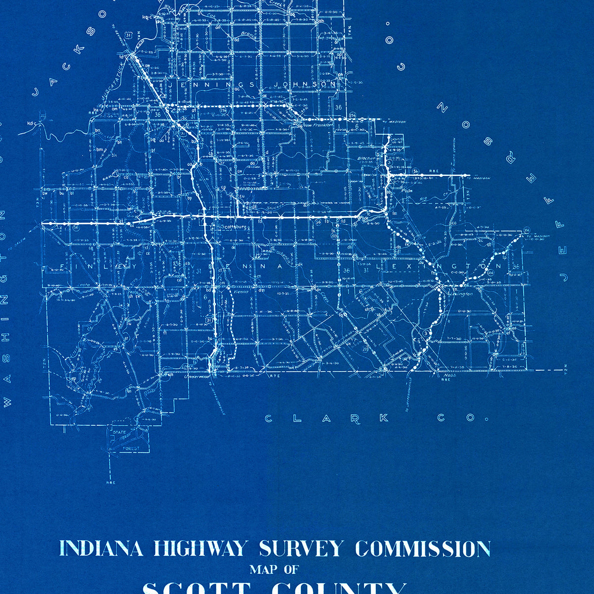 Restored historic details from the 1936 county map of Scott County, Indiana