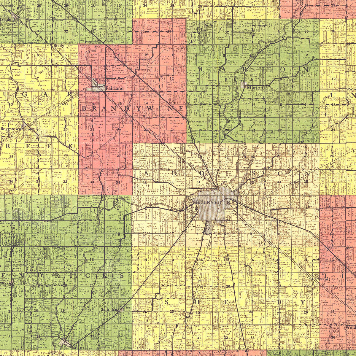 Restored historic details from the 1916 county map of Shelby County, Indiana