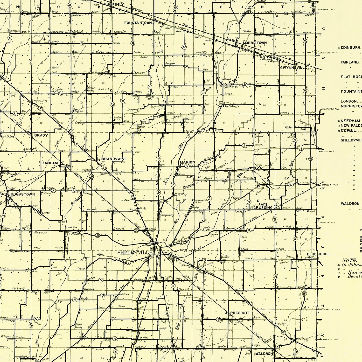 Restored historic details from the 1909 county map of Shelby County, Indiana