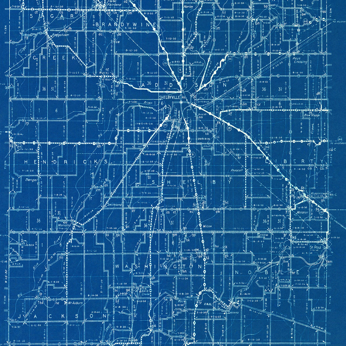 Restored historic details from the 1936 county map of Shelby County, Indiana