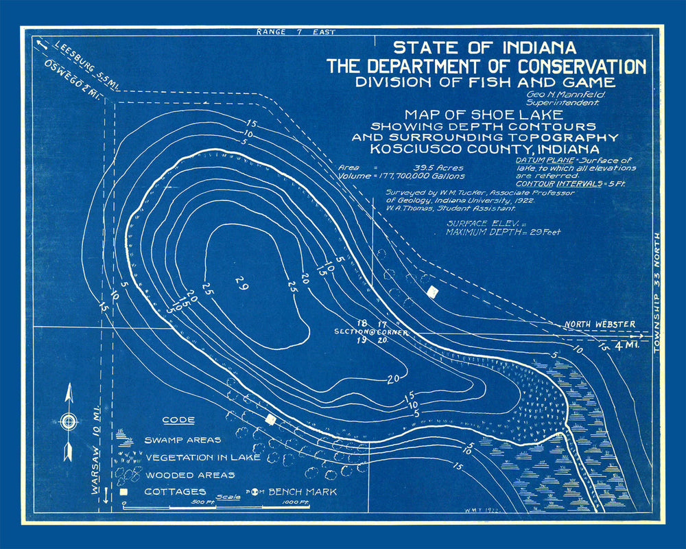 Vintage Shoe Lake, IN Map 1922 print style example