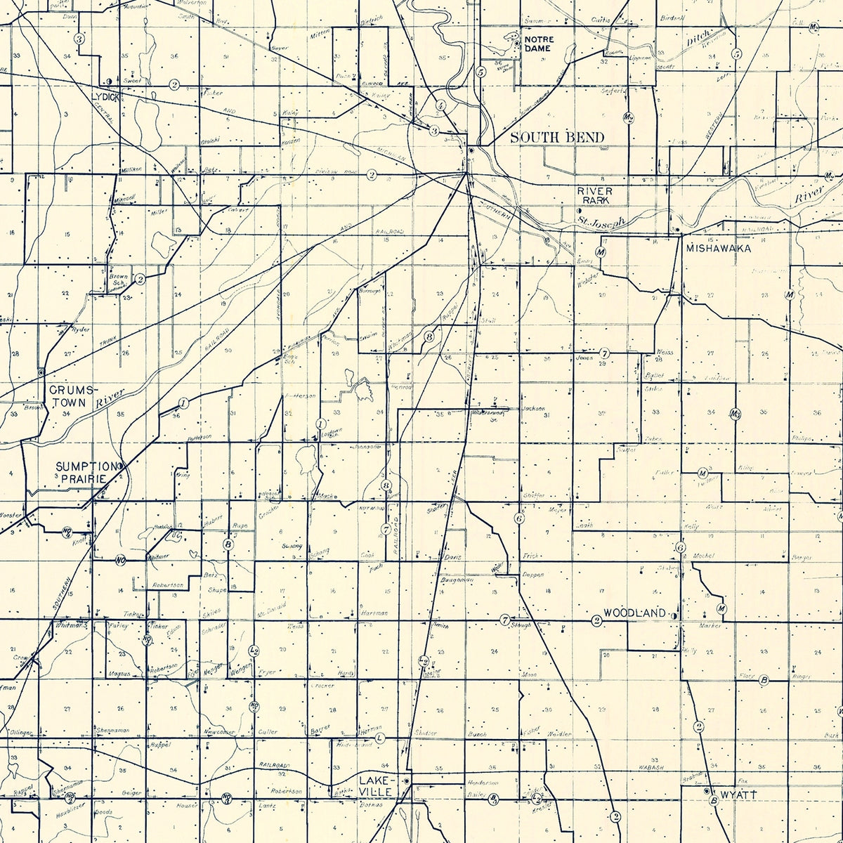 Restored historic details from the 1910 county map of St. Joseph County, Indiana