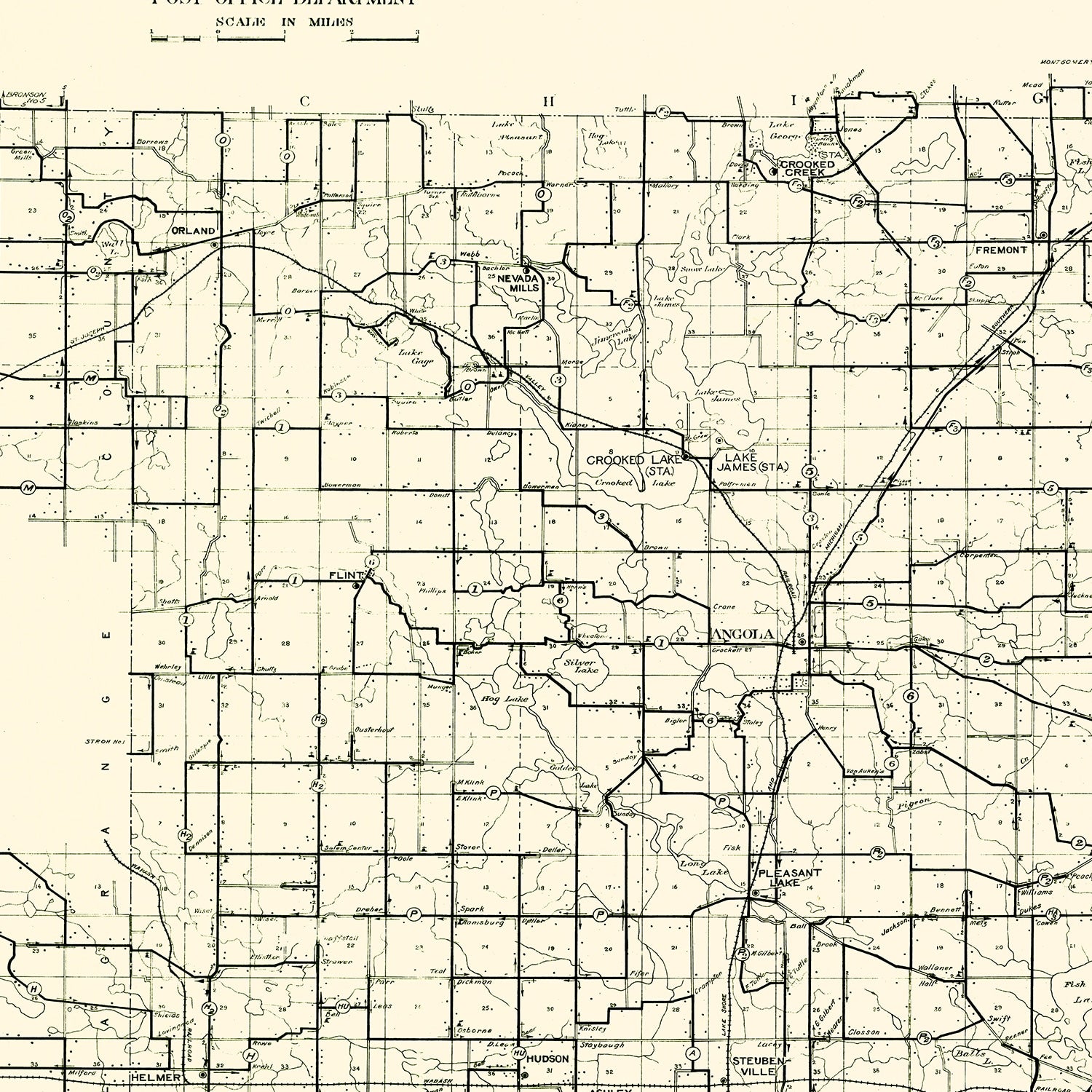 Restored historic details from the 1910 county map of Steuben County, Indiana