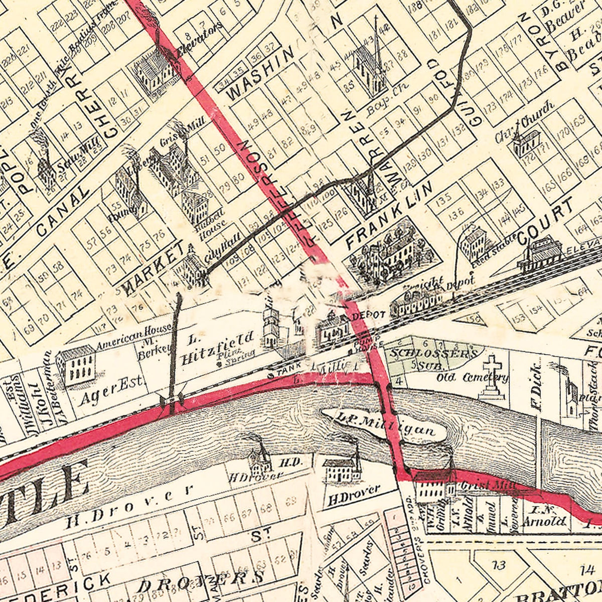 Restored historic details from the 1879 city map of Huntington, Indiana