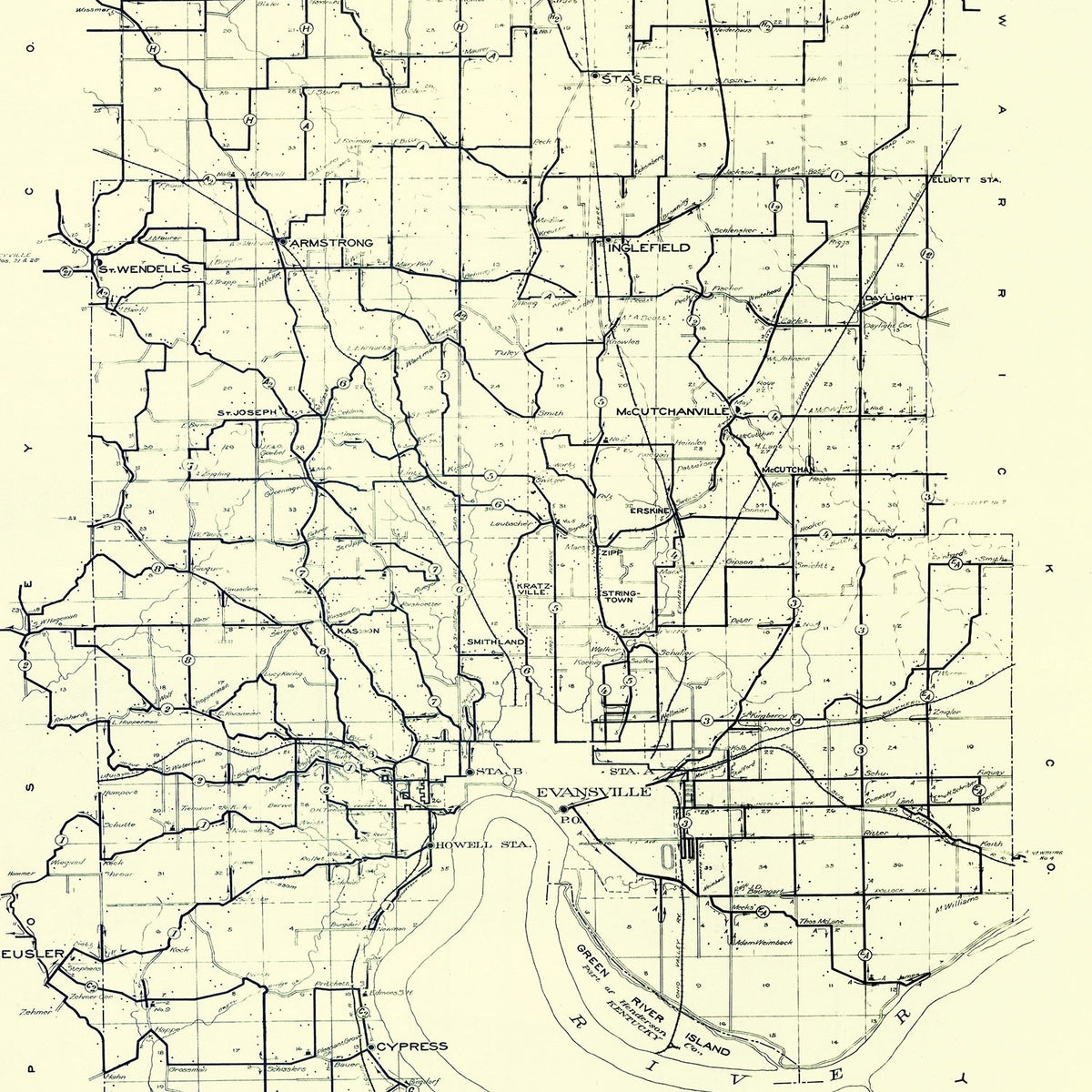 Restored historic details from the 1908 county map of Vanderburgh County, Indiana