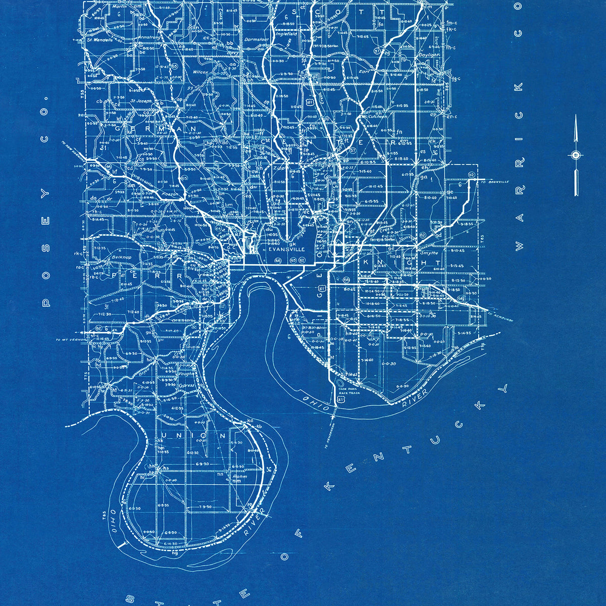 Restored historic details from the 1936 county map of Vanderburgh County, Indiana