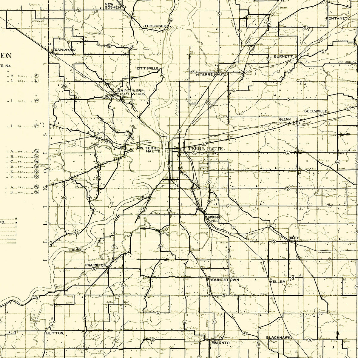 Restored historic details from the 1909 county map of Vigo County, Indiana