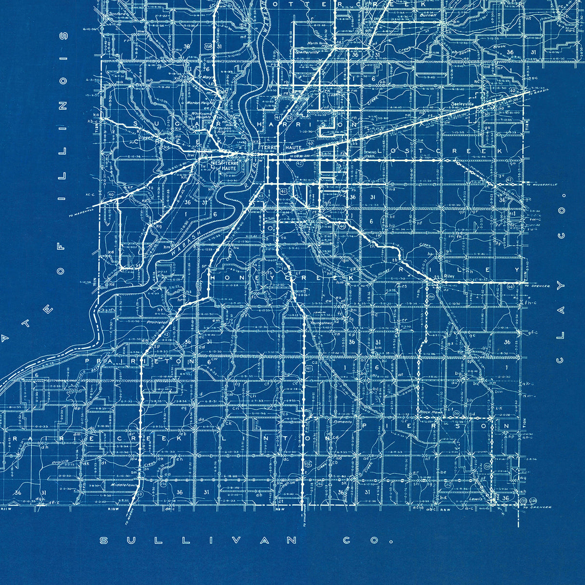 Restored historic details from the 1936 county map of Vigo County, Indiana
